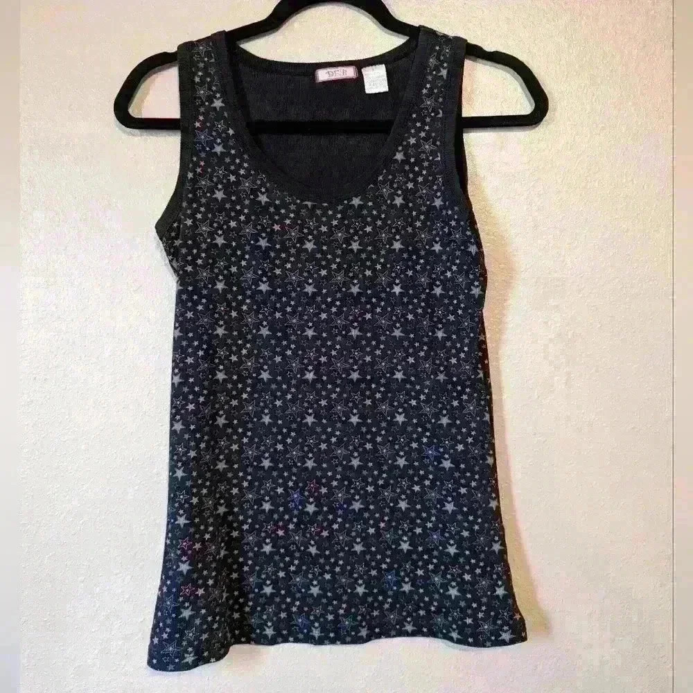 Vintage 90s DEB tank size Large black base pink/green/blue stars